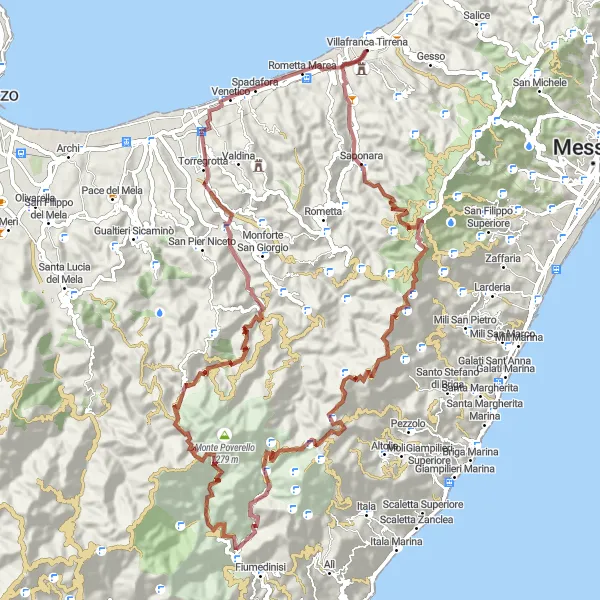 Map miniature of "Gravel Adventure in Saponara" cycling inspiration in Sicilia, Italy. Generated by Tarmacs.app cycling route planner