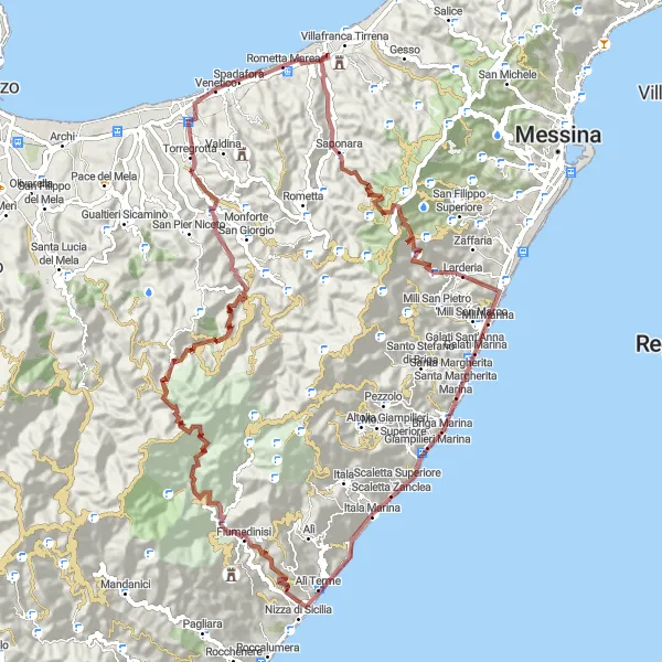 Map miniature of "Hidden Gems of Saponara" cycling inspiration in Sicilia, Italy. Generated by Tarmacs.app cycling route planner