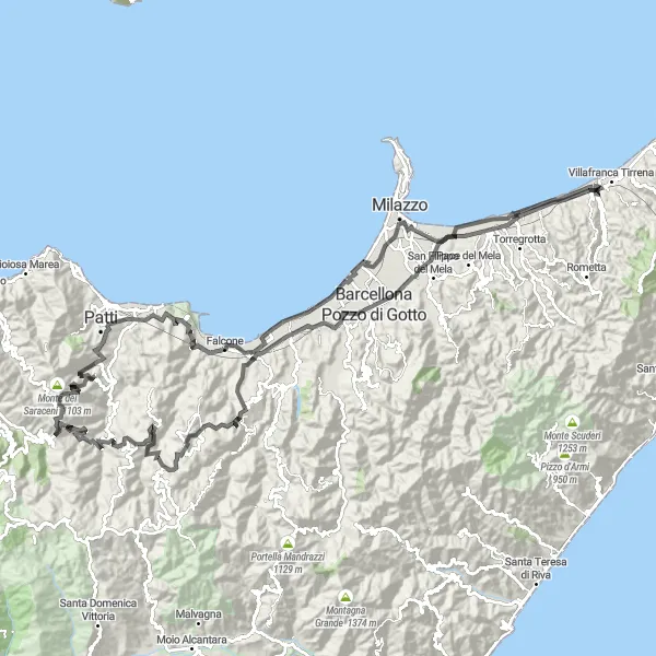 Map miniature of "Saponara Coastal Ride" cycling inspiration in Sicilia, Italy. Generated by Tarmacs.app cycling route planner