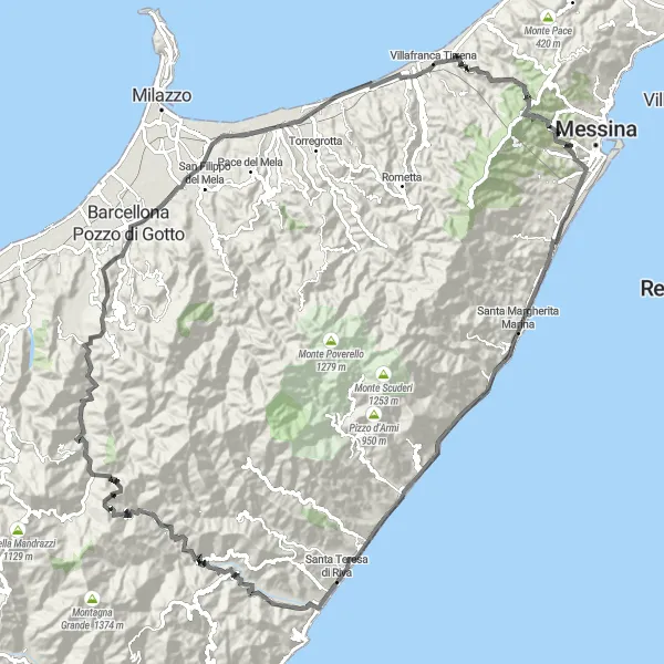 Miniatura della mappa di ispirazione al ciclismo "Giro in bicicletta da Saponara Marittima" nella regione di Sicilia, Italy. Generata da Tarmacs.app, pianificatore di rotte ciclistiche