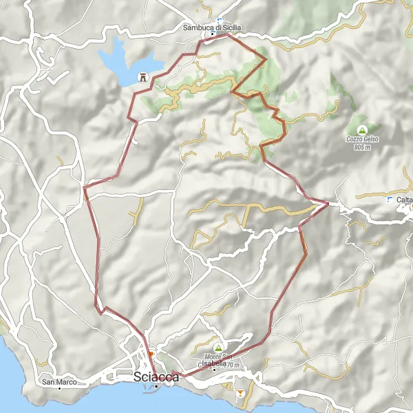 Map miniature of "The Gravel Adventure: Sciacca to Monte San Calogero" cycling inspiration in Sicilia, Italy. Generated by Tarmacs.app cycling route planner