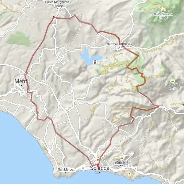 Map miniature of "Discovering Sicily's Hidden Gems: Castello dei Conti Luna & Terrazzo Belvedere" cycling inspiration in Sicilia, Italy. Generated by Tarmacs.app cycling route planner