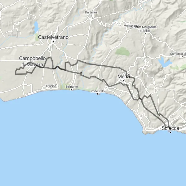 Map miniature of "Sciacca Loop" cycling inspiration in Sicilia, Italy. Generated by Tarmacs.app cycling route planner