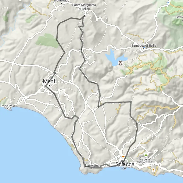 Map miniature of "Menfi Explorer" cycling inspiration in Sicilia, Italy. Generated by Tarmacs.app cycling route planner