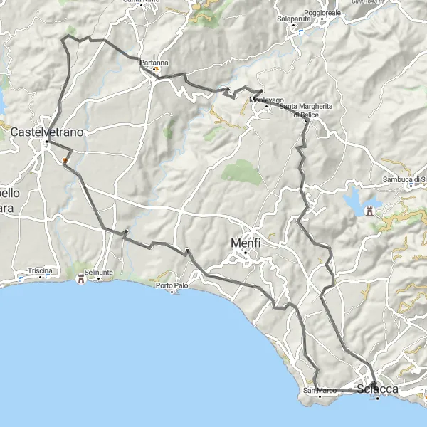 Map miniature of "Castelvetrano Adventure" cycling inspiration in Sicilia, Italy. Generated by Tarmacs.app cycling route planner