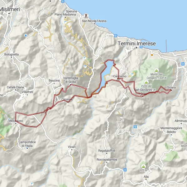 Miniatura della mappa di ispirazione al ciclismo "Giro in Gravel a Sciara e dintorni" nella regione di Sicilia, Italy. Generata da Tarmacs.app, pianificatore di rotte ciclistiche