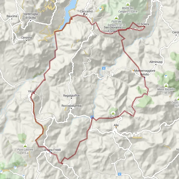 Miniatura della mappa di ispirazione al ciclismo "Esplorazione in gravel tra Montemaggiore Belsito e Pizzo Cardone" nella regione di Sicilia, Italy. Generata da Tarmacs.app, pianificatore di rotte ciclistiche