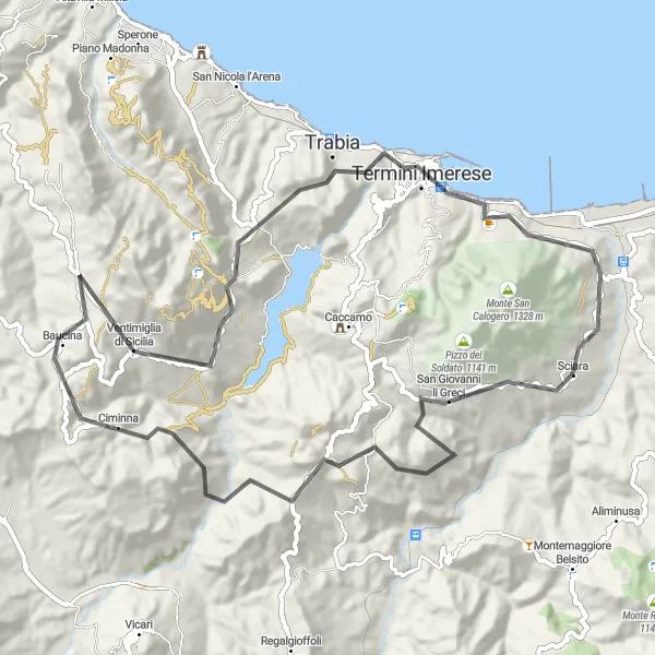 Miniatura della mappa di ispirazione al ciclismo "Tour in Bicicletta tra Sciara e Ciminna" nella regione di Sicilia, Italy. Generata da Tarmacs.app, pianificatore di rotte ciclistiche