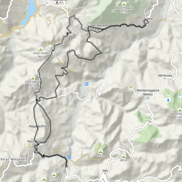 Map miniature of "Sciara - Greci - Angiletto - Roccapalumba - Bosco - Return to Sciara" cycling inspiration in Sicilia, Italy. Generated by Tarmacs.app cycling route planner