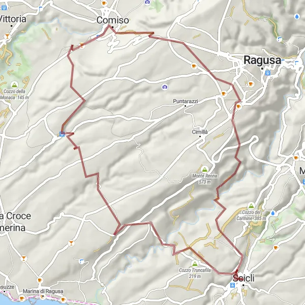 Map miniature of "Gravel Adventure to Donnafugata Castle" cycling inspiration in Sicilia, Italy. Generated by Tarmacs.app cycling route planner