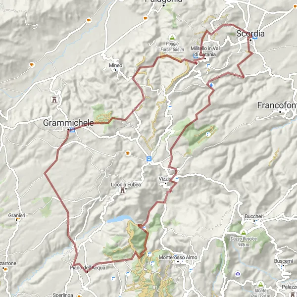 Miniatura della mappa di ispirazione al ciclismo "Giro in bici gravel da Scordia a Militello in Val di Catania" nella regione di Sicilia, Italy. Generata da Tarmacs.app, pianificatore di rotte ciclistiche