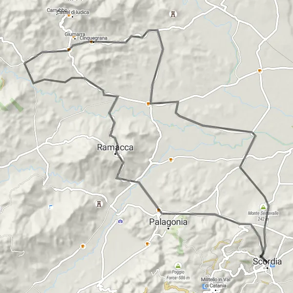 Miniatura della mappa di ispirazione al ciclismo "Giro in bicicletta Palagonia - Poggio Uccello - Poggio Gatto - Monte Serravalle" nella regione di Sicilia, Italy. Generata da Tarmacs.app, pianificatore di rotte ciclistiche
