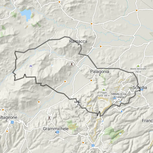 Miniatura della mappa di ispirazione al ciclismo "Giro in bicicletta da Scordia a Palagonia" nella regione di Sicilia, Italy. Generata da Tarmacs.app, pianificatore di rotte ciclistiche