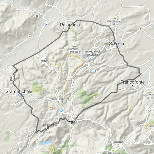 Miniatura della mappa di ispirazione al ciclismo "Giro in bici stradale da Scordia a Palagonia" nella regione di Sicilia, Italy. Generata da Tarmacs.app, pianificatore di rotte ciclistiche