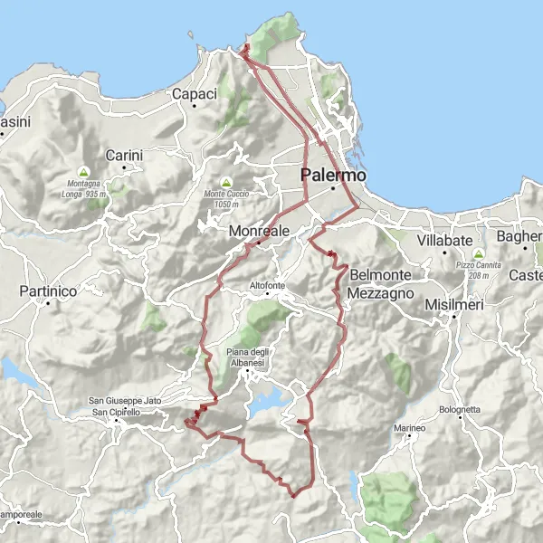 Miniatura della mappa di ispirazione al ciclismo "Giro in gravel tra Monreale e Santa Cristina Gela" nella regione di Sicilia, Italy. Generata da Tarmacs.app, pianificatore di rotte ciclistiche