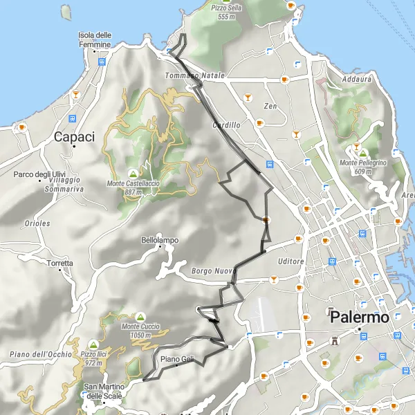 Map miniature of "Sferracavallo to Tommaso Natale" cycling inspiration in Sicilia, Italy. Generated by Tarmacs.app cycling route planner