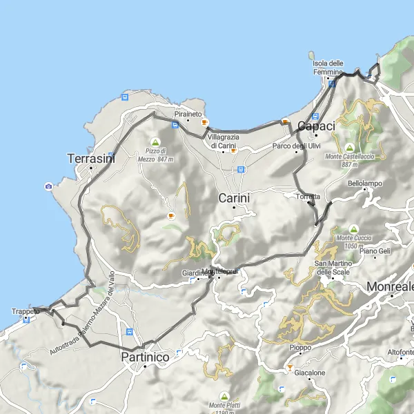 Miniatura della mappa di ispirazione al ciclismo "Percorso ciclabile attraverso Montelepre e Isola delle Femmine" nella regione di Sicilia, Italy. Generata da Tarmacs.app, pianificatore di rotte ciclistiche