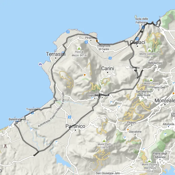 Map miniature of "Sferracavallo to Terrasini Loop" cycling inspiration in Sicilia, Italy. Generated by Tarmacs.app cycling route planner