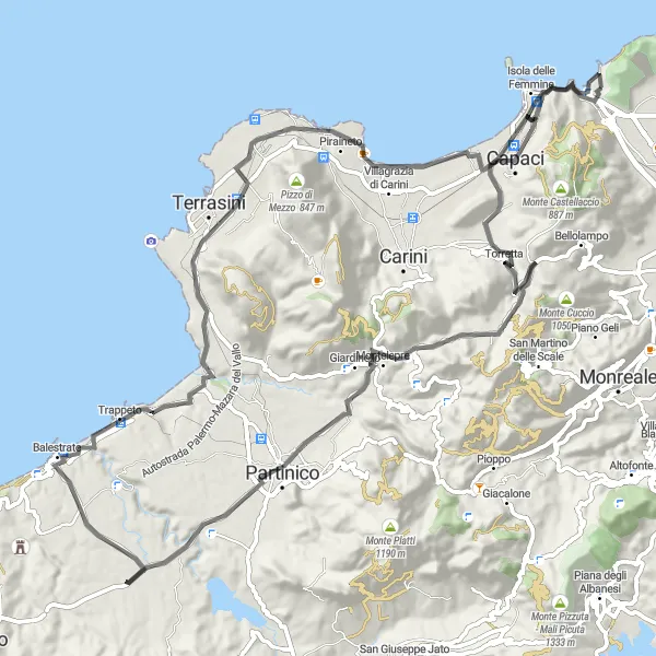 Miniatura della mappa di ispirazione al ciclismo "Cicloturismo tra Torretta e Capaci" nella regione di Sicilia, Italy. Generata da Tarmacs.app, pianificatore di rotte ciclistiche