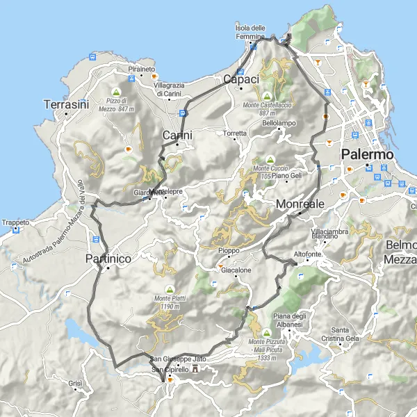 Miniatura della mappa di ispirazione al ciclismo "Giro in bici da Sferracavallo a Isola delle Femmine" nella regione di Sicilia, Italy. Generata da Tarmacs.app, pianificatore di rotte ciclistiche