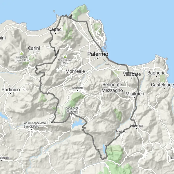 Map miniature of "Sferracavallo to Capaci Loop" cycling inspiration in Sicilia, Italy. Generated by Tarmacs.app cycling route planner