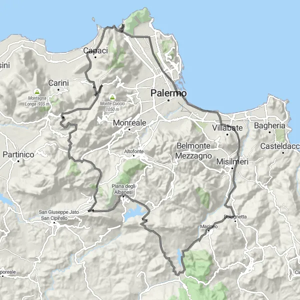 Miniatura della mappa di ispirazione al ciclismo "Alla scoperta dei tesori nascosti" nella regione di Sicilia, Italy. Generata da Tarmacs.app, pianificatore di rotte ciclistiche