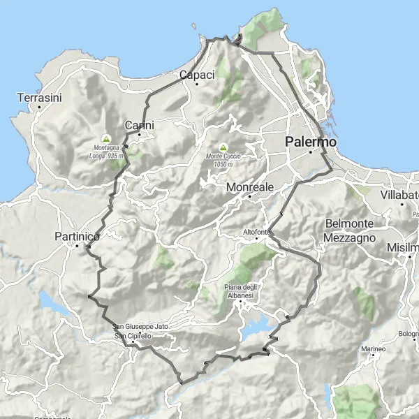 Map miniature of "Sferracavallo to Monte Pecoraro e Pizzo Cirina" cycling inspiration in Sicilia, Italy. Generated by Tarmacs.app cycling route planner