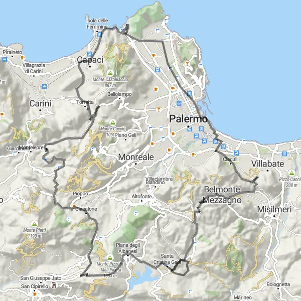 Miniatura della mappa di ispirazione al ciclismo "Giro panoramico intorno a Sferracavallo" nella regione di Sicilia, Italy. Generata da Tarmacs.app, pianificatore di rotte ciclistiche