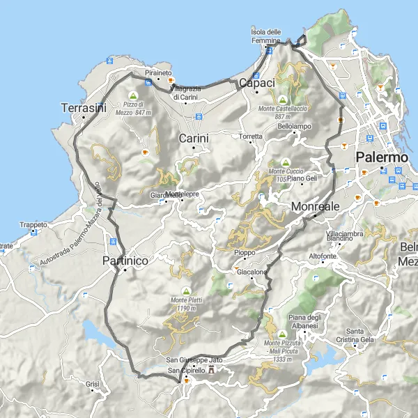 Miniatura della mappa di ispirazione al ciclismo "Attraverso le campagne siciliane" nella regione di Sicilia, Italy. Generata da Tarmacs.app, pianificatore di rotte ciclistiche
