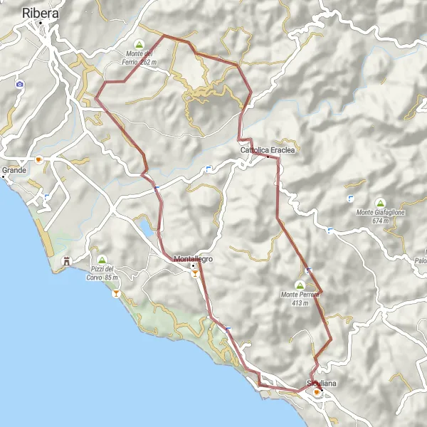 Map miniature of "Siculiana Gravel Adventure" cycling inspiration in Sicilia, Italy. Generated by Tarmacs.app cycling route planner