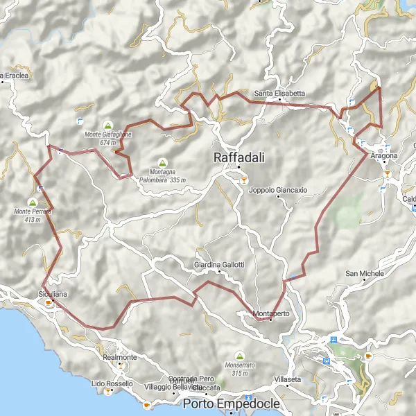 Map miniature of "Siculiana Gravel Escapade" cycling inspiration in Sicilia, Italy. Generated by Tarmacs.app cycling route planner