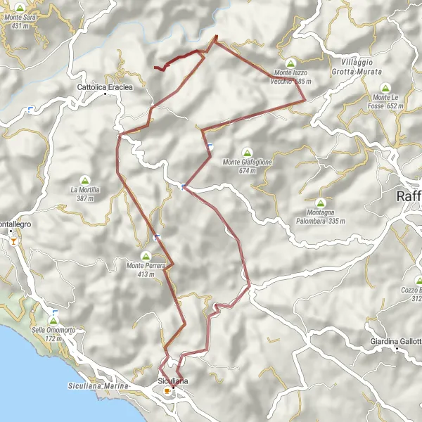 Map miniature of "The Gravel Exploration of Siculiana" cycling inspiration in Sicilia, Italy. Generated by Tarmacs.app cycling route planner
