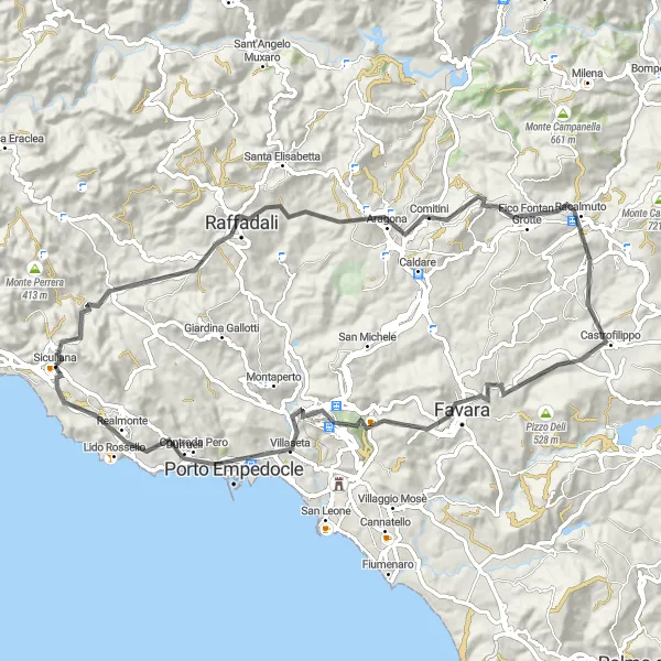 Miniatura della mappa di ispirazione al ciclismo "Giro in bici tra le colline di Sicilia" nella regione di Sicilia, Italy. Generata da Tarmacs.app, pianificatore di rotte ciclistiche