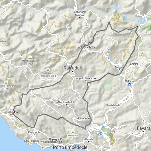 Miniatura della mappa di ispirazione al ciclismo "Circuito su strada tra le colline siciliane" nella regione di Sicilia, Italy. Generata da Tarmacs.app, pianificatore di rotte ciclistiche