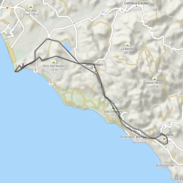 Map miniature of "The Road Ride to Pizzi del Corvo" cycling inspiration in Sicilia, Italy. Generated by Tarmacs.app cycling route planner
