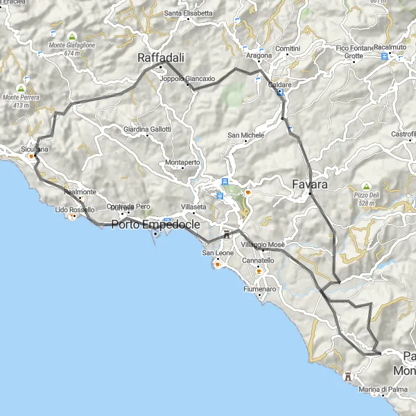 Miniatura della mappa di ispirazione al ciclismo "Siculiana - Realmonte" nella regione di Sicilia, Italy. Generata da Tarmacs.app, pianificatore di rotte ciclistiche