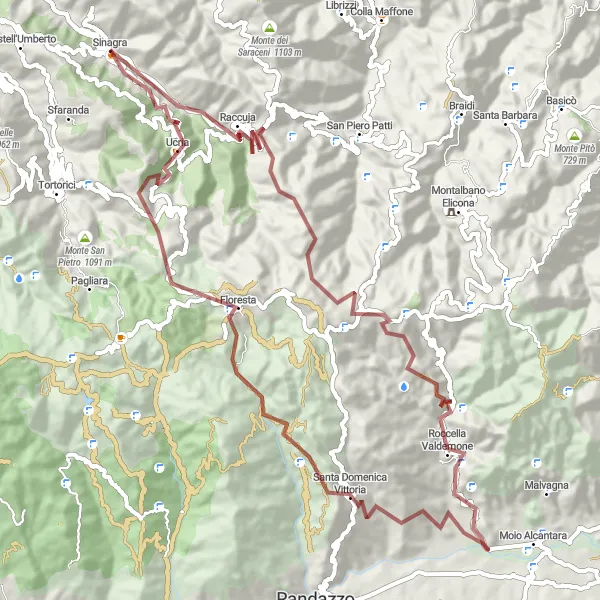 Map miniature of "Gravel Route to Roccella Valdemone" cycling inspiration in Sicilia, Italy. Generated by Tarmacs.app cycling route planner