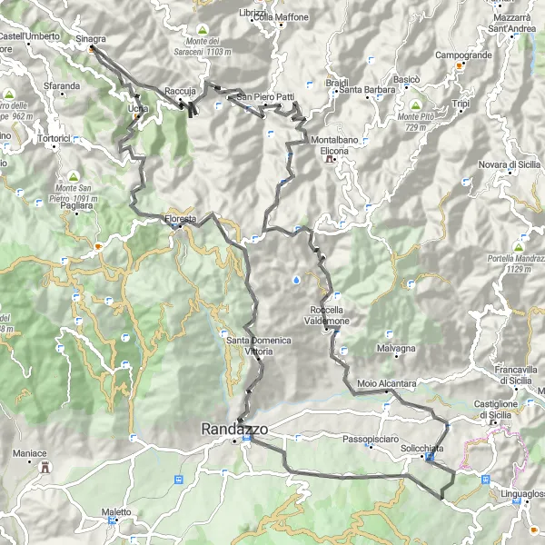 Miniatura della mappa di ispirazione al ciclismo "Road tra Raccuja e Sinagra" nella regione di Sicilia, Italy. Generata da Tarmacs.app, pianificatore di rotte ciclistiche