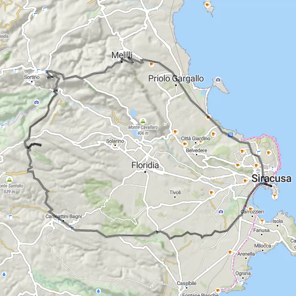 Map miniature of "The Southern Charm" cycling inspiration in Sicilia, Italy. Generated by Tarmacs.app cycling route planner