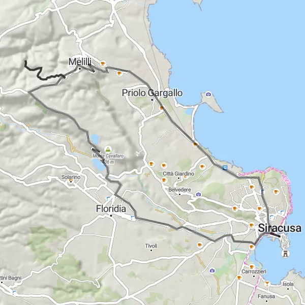 Miniatura della mappa di ispirazione al ciclismo "Giro in bici da Siracusa a Priolo Gargallo" nella regione di Sicilia, Italy. Generata da Tarmacs.app, pianificatore di rotte ciclistiche