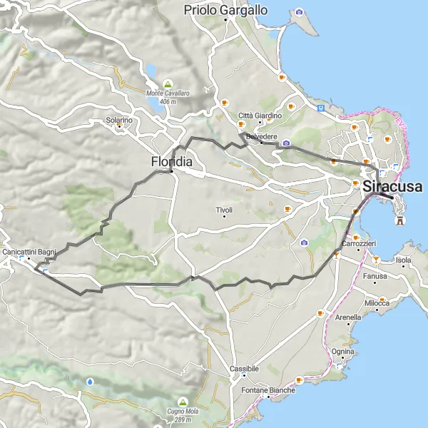 Map miniature of "The Syracuse Hillside Ride" cycling inspiration in Sicilia, Italy. Generated by Tarmacs.app cycling route planner