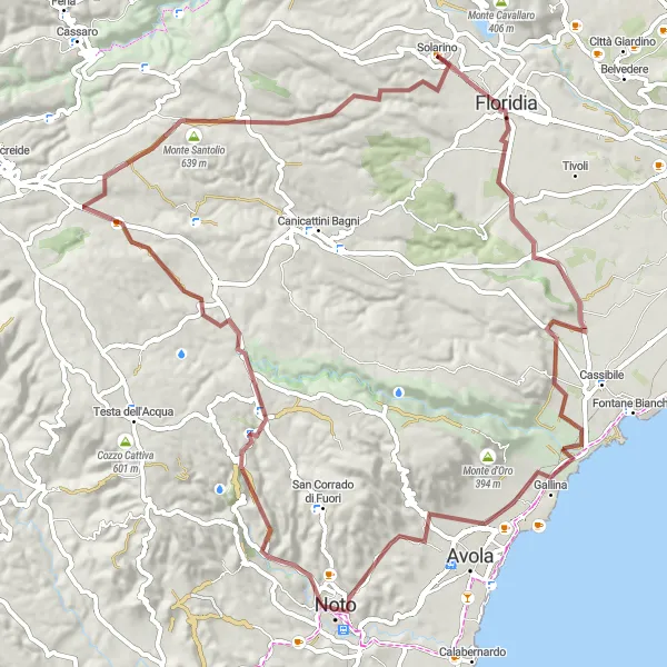 Map miniature of "Floridia and Noto Gravel Tour" cycling inspiration in Sicilia, Italy. Generated by Tarmacs.app cycling route planner