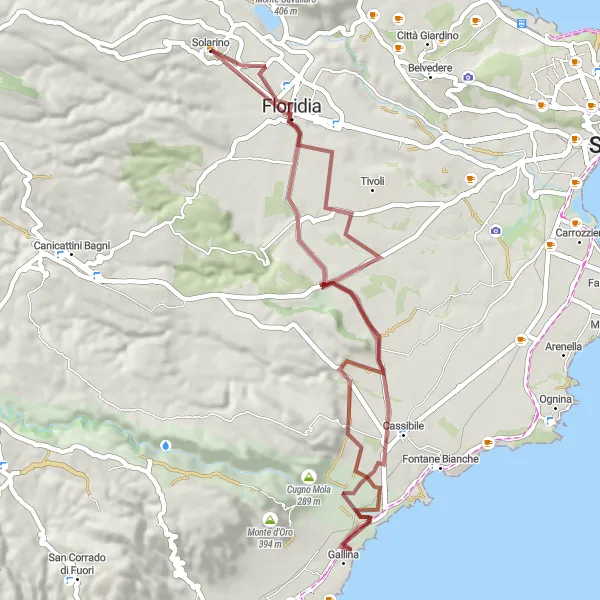 Miniatura della mappa di ispirazione al ciclismo "Avventura in Gravel da Solarino a Floridia" nella regione di Sicilia, Italy. Generata da Tarmacs.app, pianificatore di rotte ciclistiche
