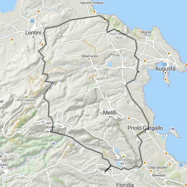 Map miniature of "Solarino and Carlentini Road Cycling Adventure" cycling inspiration in Sicilia, Italy. Generated by Tarmacs.app cycling route planner