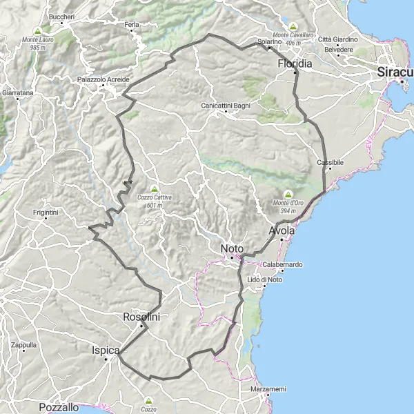 Map miniature of "Solarino to Rosolini Road Cycling Adventure" cycling inspiration in Sicilia, Italy. Generated by Tarmacs.app cycling route planner