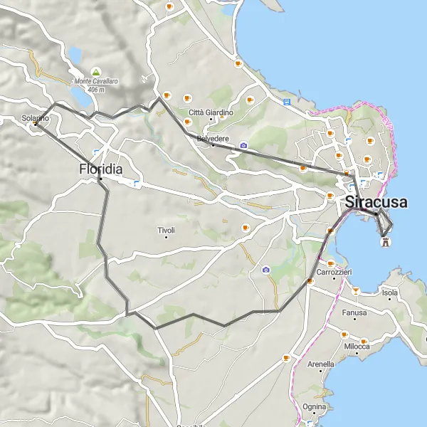 Miniatura della mappa di ispirazione al ciclismo "Giro in Bici da Strada da Solarino a Syracuse" nella regione di Sicilia, Italy. Generata da Tarmacs.app, pianificatore di rotte ciclistiche