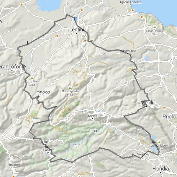 Map miniature of "Solarino to Monte Rigoria Road Cycling Route" cycling inspiration in Sicilia, Italy. Generated by Tarmacs.app cycling route planner
