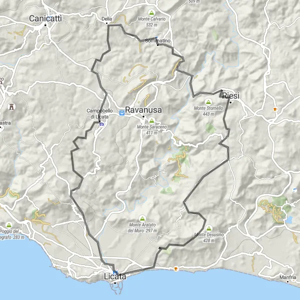 Map miniature of "The Hills of Sommatino" cycling inspiration in Sicilia, Italy. Generated by Tarmacs.app cycling route planner