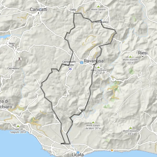 Map miniature of "The Southern Loop" cycling inspiration in Sicilia, Italy. Generated by Tarmacs.app cycling route planner