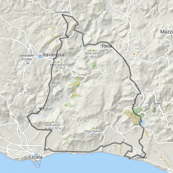 Miniatura della mappa di ispirazione al ciclismo "Percorso Epico tra Monte Santa Veronica e Sommatino" nella regione di Sicilia, Italy. Generata da Tarmacs.app, pianificatore di rotte ciclistiche